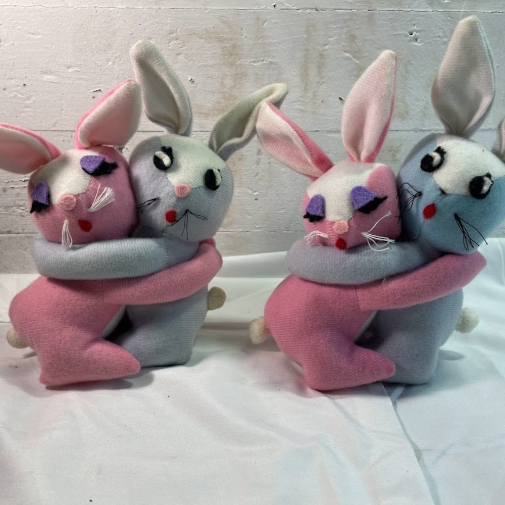 Pair of Knickerbocker Embraceables Pink and Blue Hugging Bunnies Vintage Rabbit